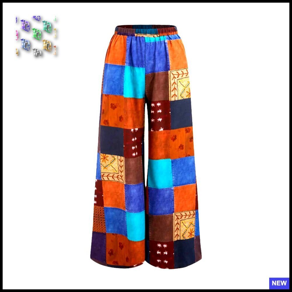 Wide Leg Palazzo Pants Boho Patchwork Elastic Waist Hippie Style Summer Casual